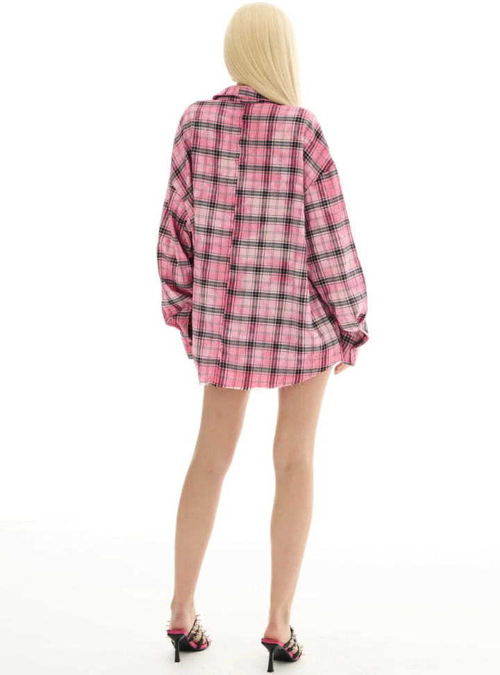 Washed Oversized Willow Check Shirt - Pink