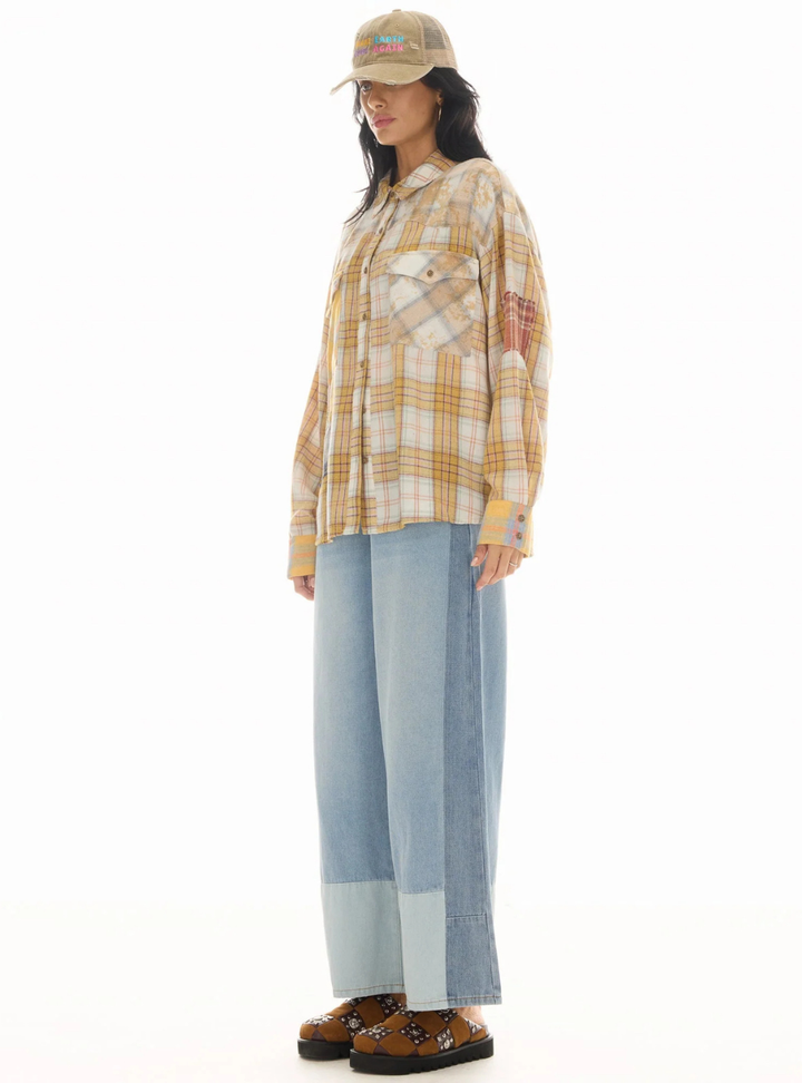 Patched Up Yellow Flannel Western Shirt - Yellow
