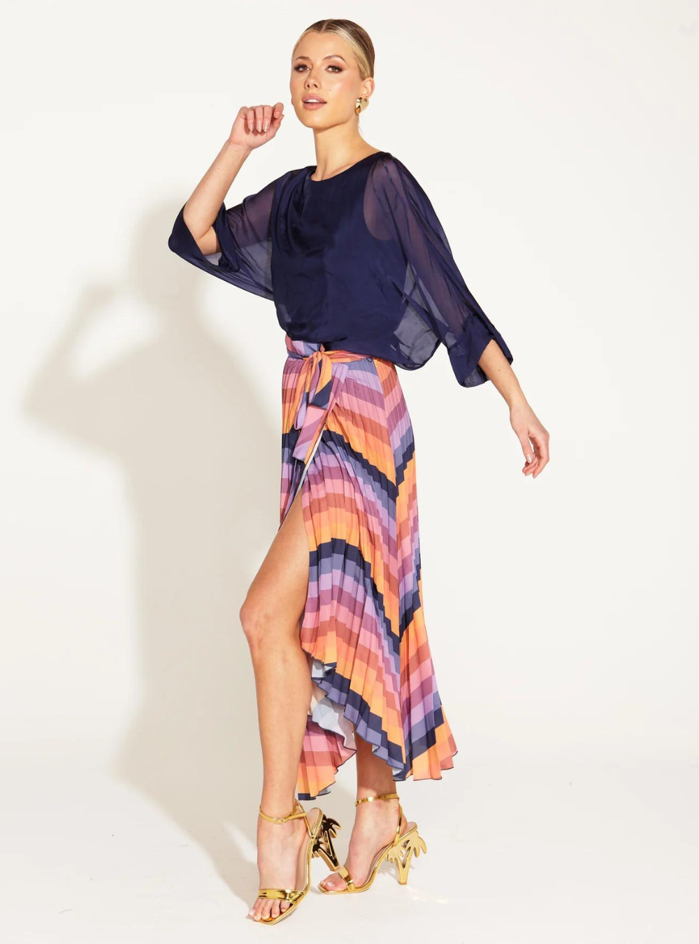 Sunset Dream Pleated Midi Skirt - Sunset Stripe
