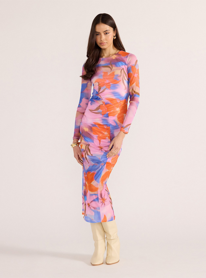 Sommer Ruched Mesh Midi Dress - Blurred Floral