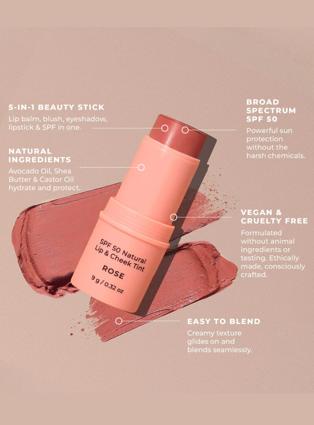 SPF 50 Natural Lip & Cheek Tint - Rose