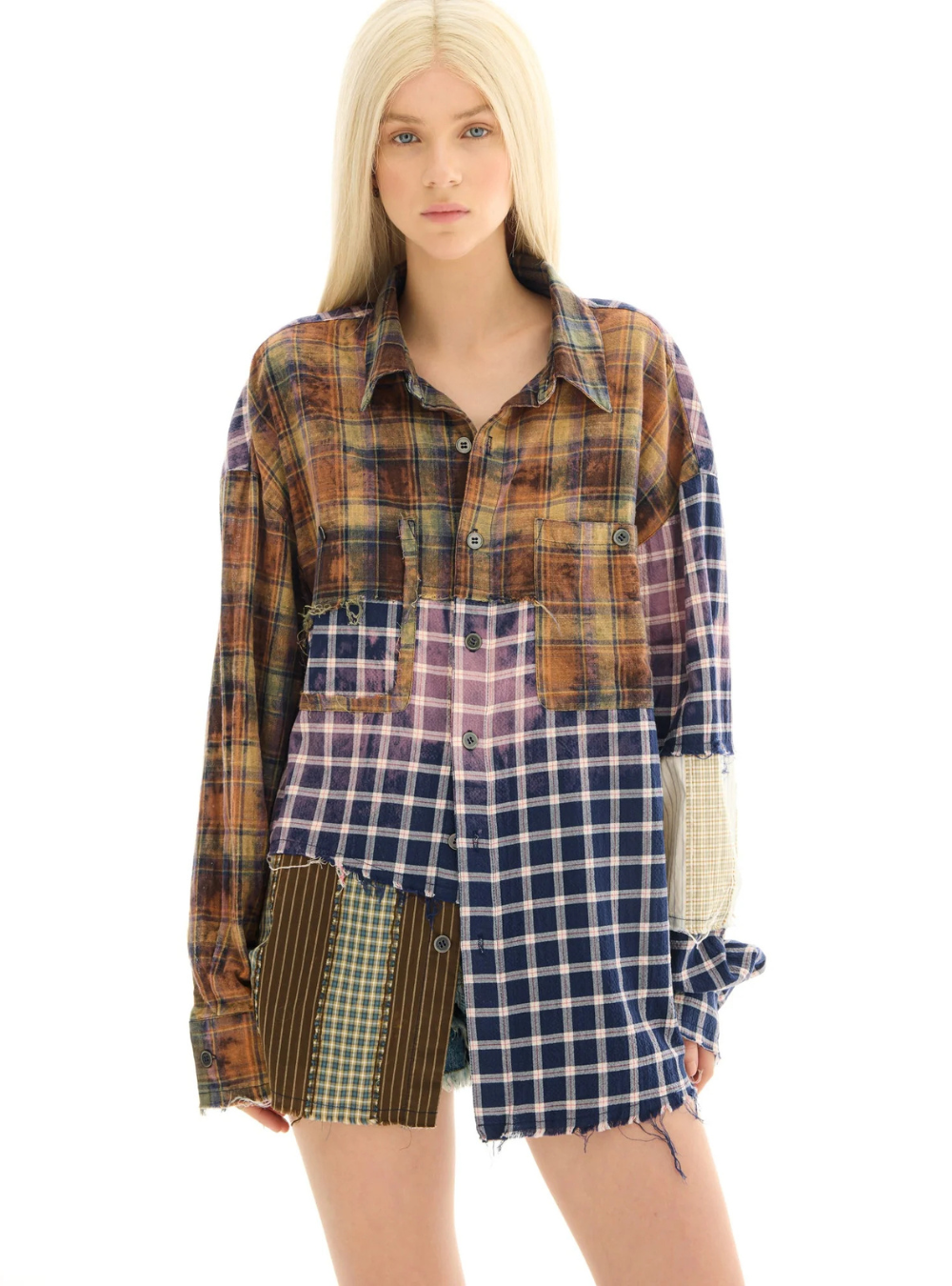 Reworked and Destroyed Mixed Check Shirt - Brown
