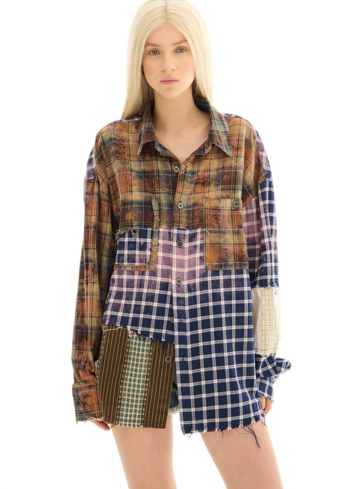 Reworked and Destroyed Mixed Check Shirt - Brown