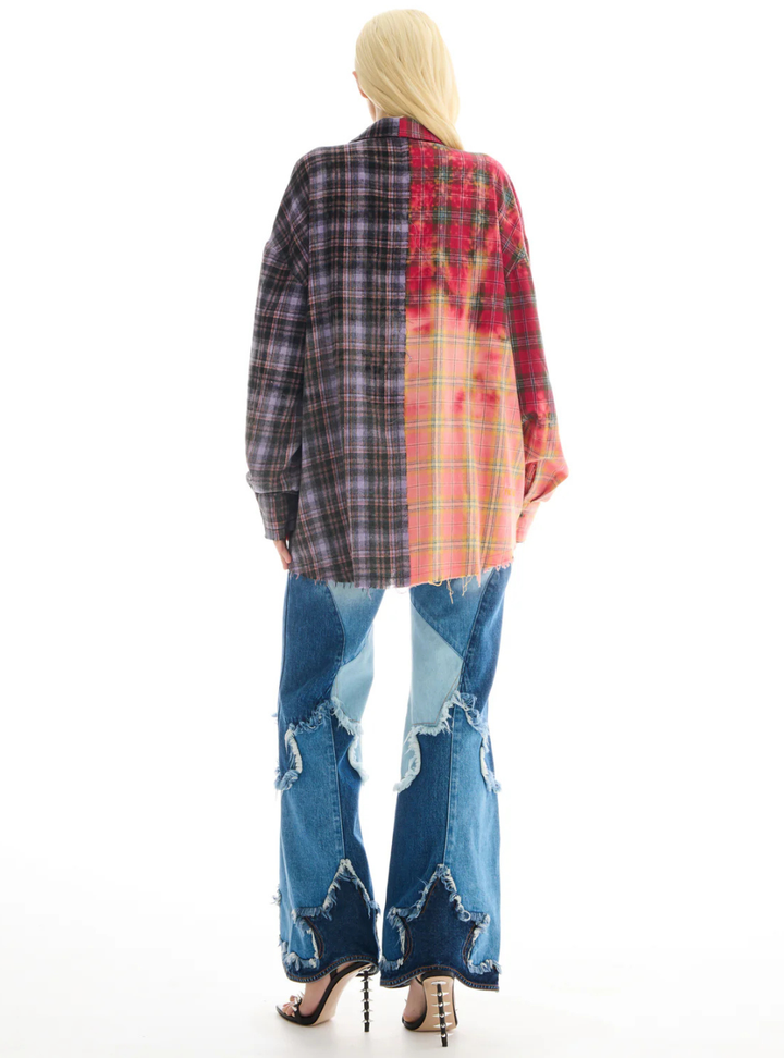 Half And Half Flannel Washed Shirt - Purple/Red