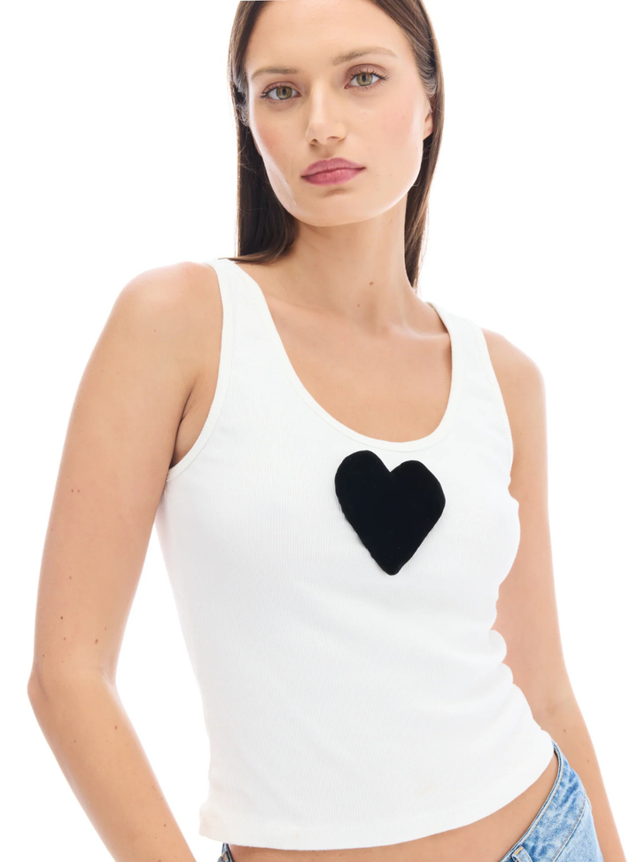 We Love 3D Velvet Heart Singlet - White & Black