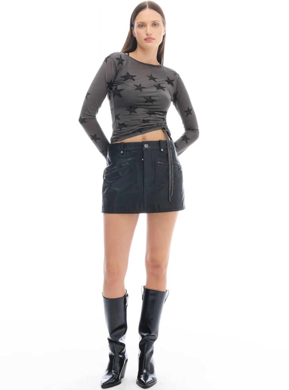 Black Star Mesh Ruched Longsleeve Top - Charcoal