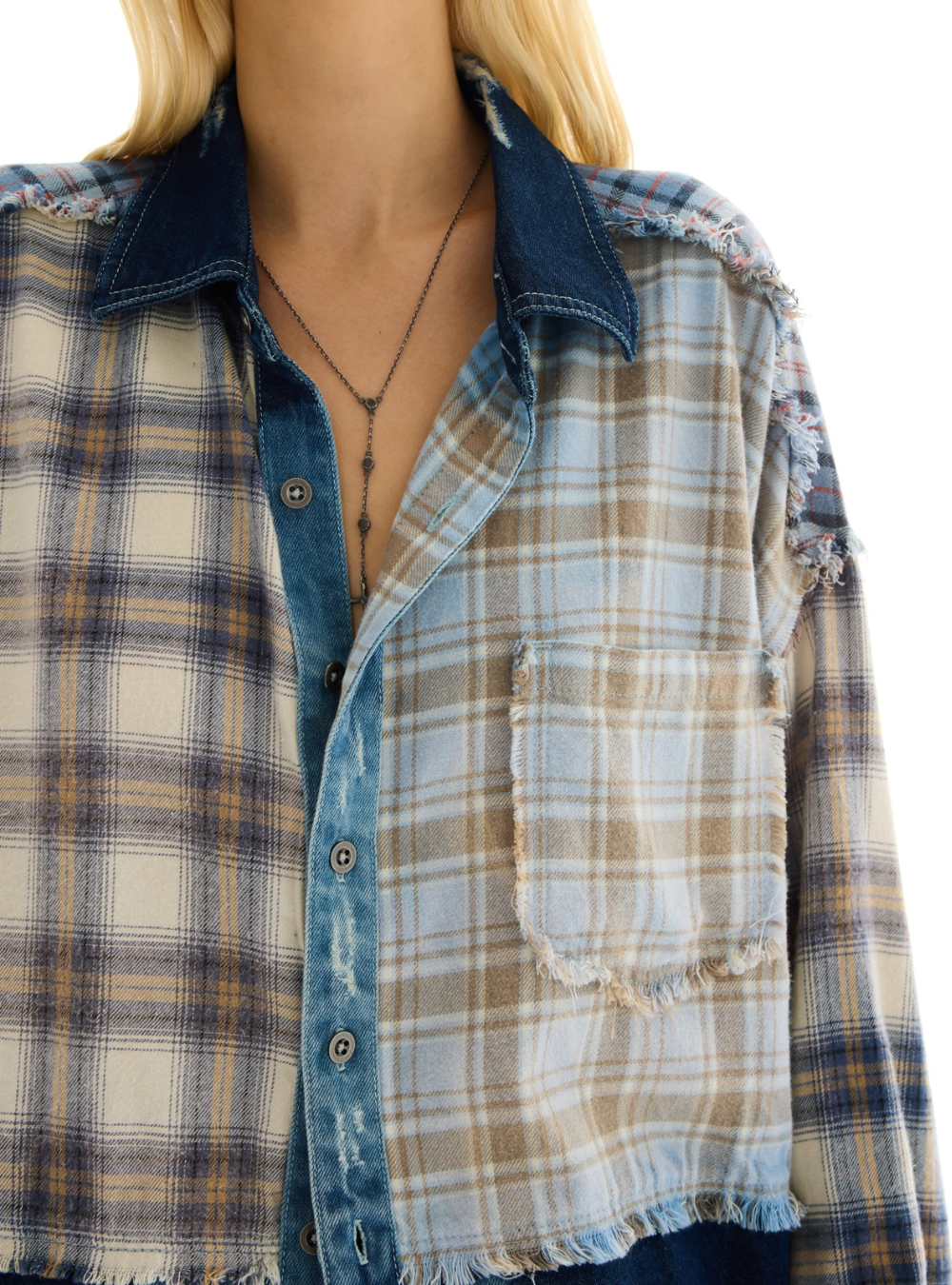 Mixed Flannel Denim Shirt - Blue