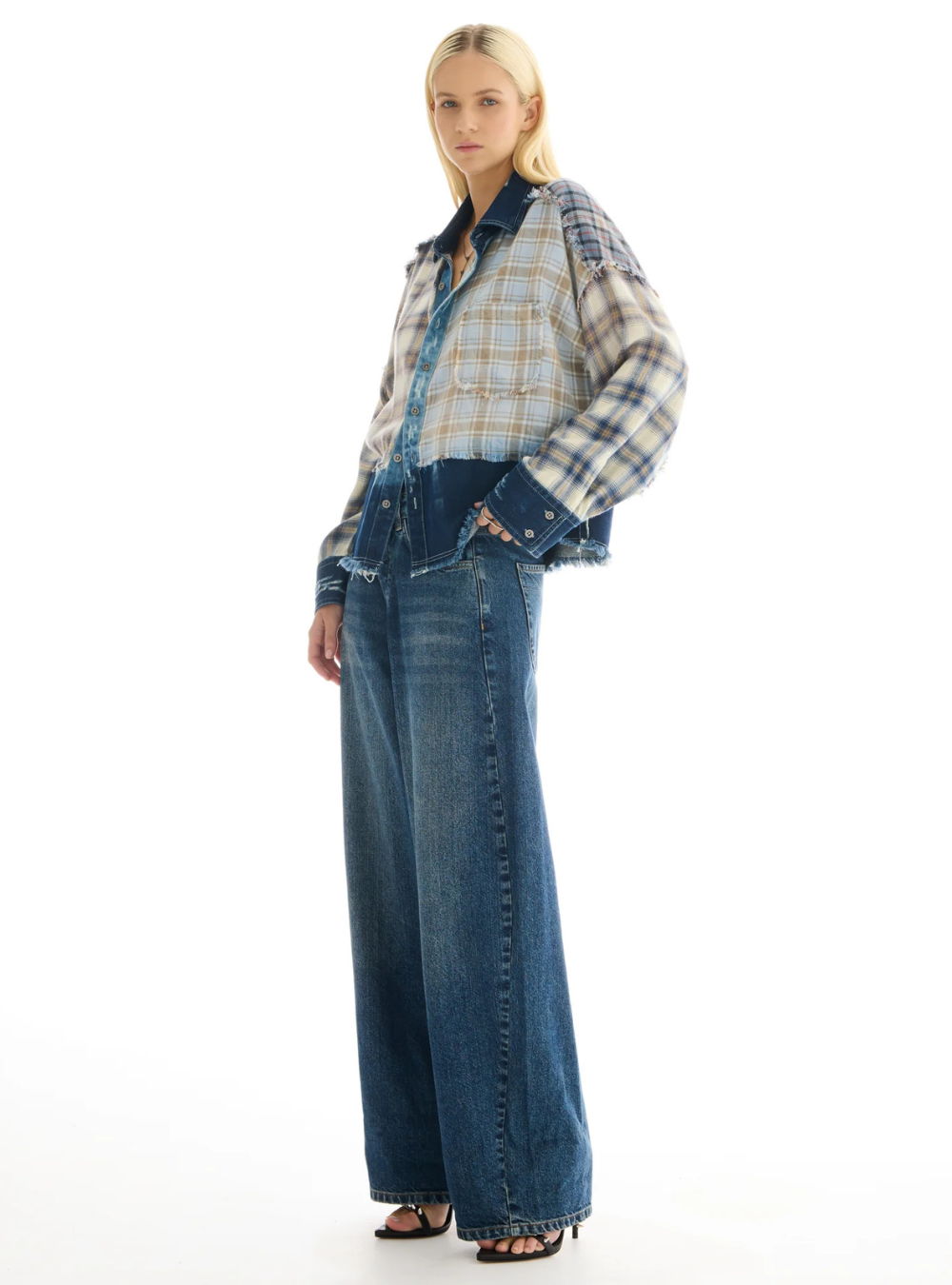 Mixed Flannel Denim Shirt - Blue