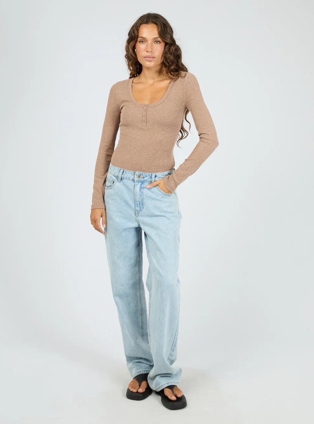 Sia Rib Long Sleeve Top - Brown