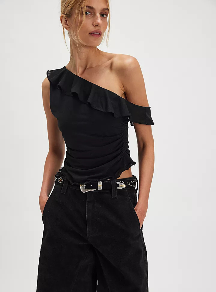 Isla Off-The-Shoulder Ruched Sleeveless Top - Black