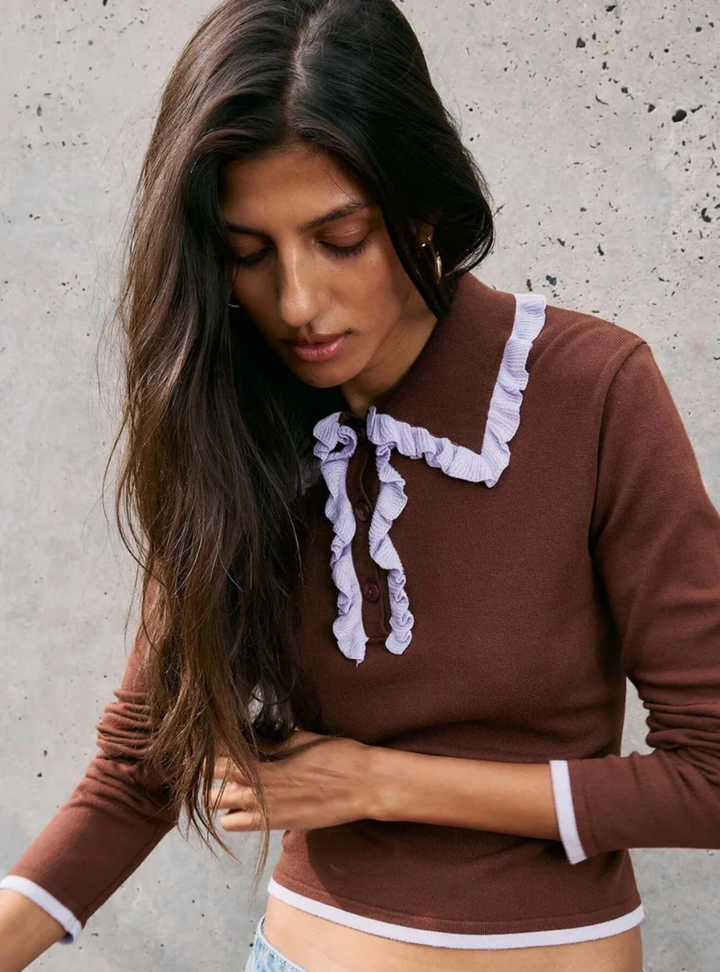 Rhea Ruffle Polo Knit Top - Chocolate/Lilac