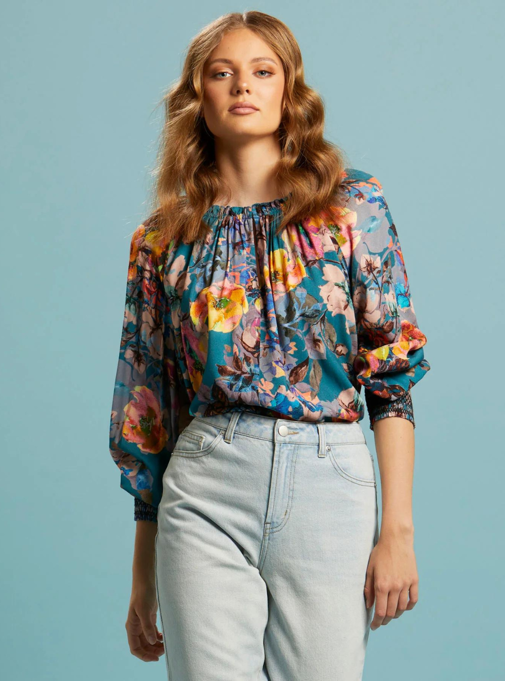Pure Shores Shirred Sleeve Top - Teal Bouquet