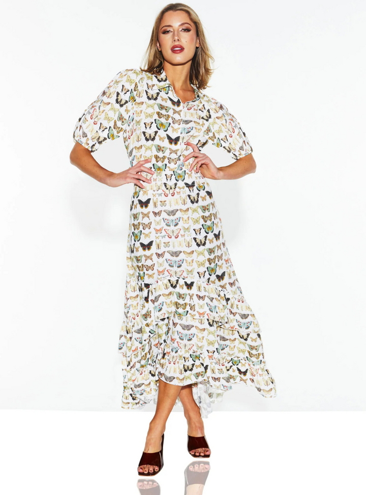 Taking Flight Shirt Dress - White Butterfly