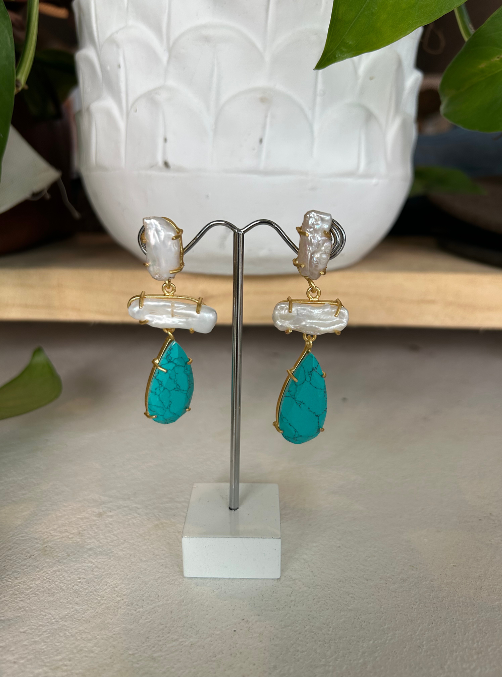 Gold Double Pearl & Turquoise Earrings
