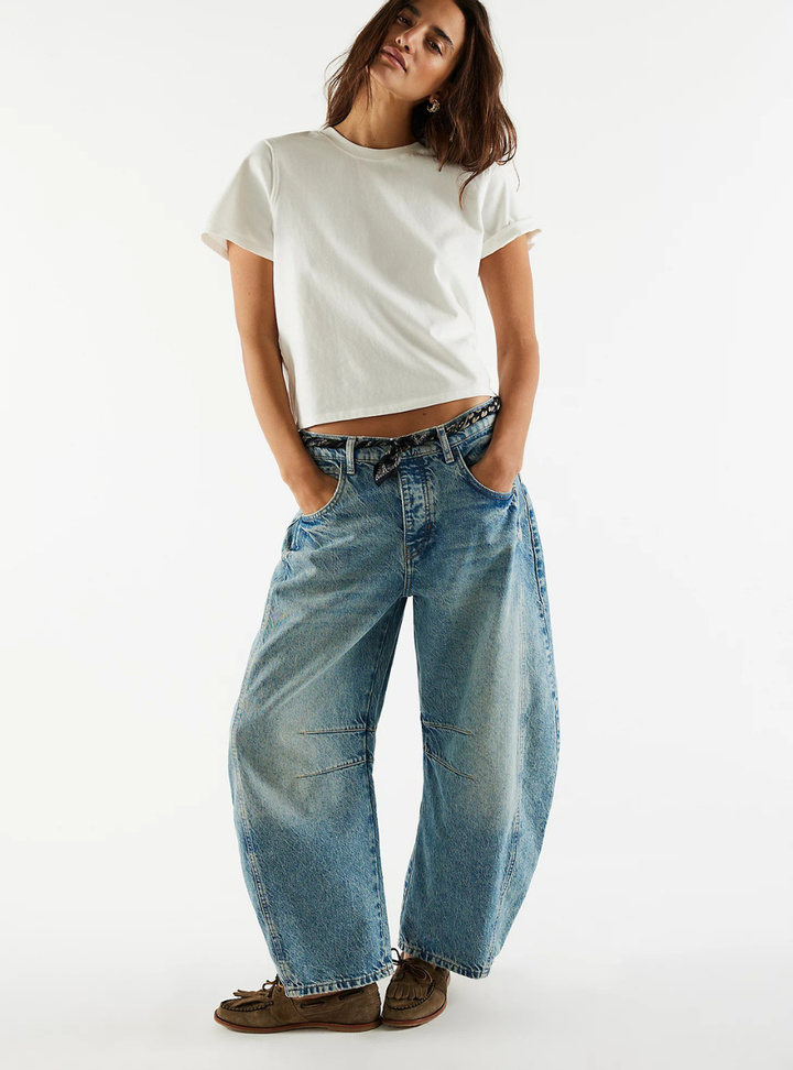 Free People Good Luck Mid Rise Barrel Jeans - Ultra Light Beam