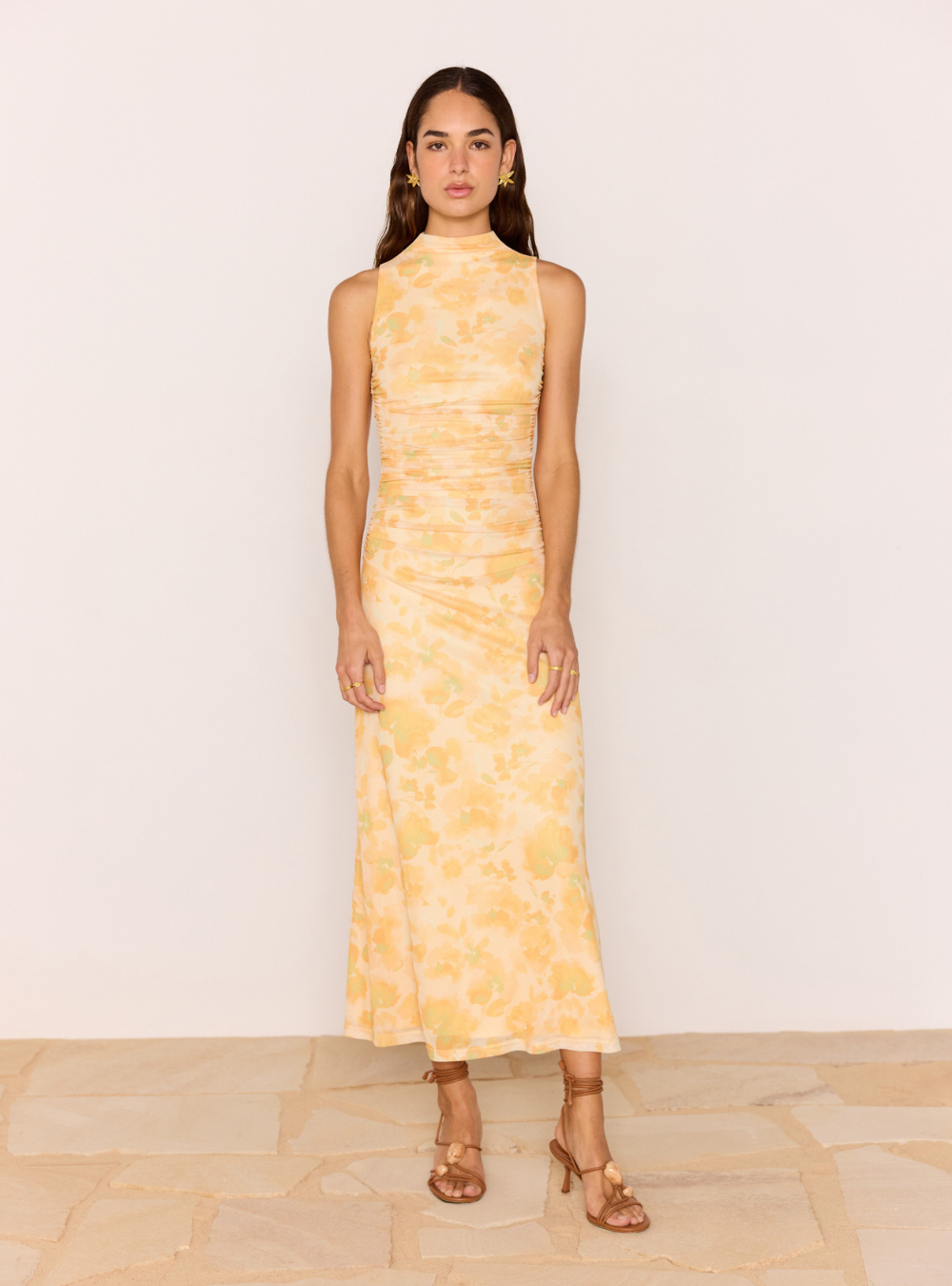 Clair Mesh Midi Dress - Orange Watercolour Floral