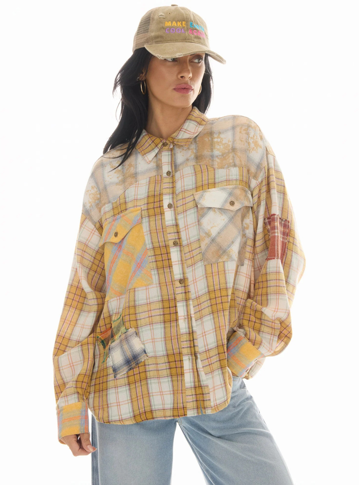 Patched Up Yellow Flannel Western Shirt - Yellow