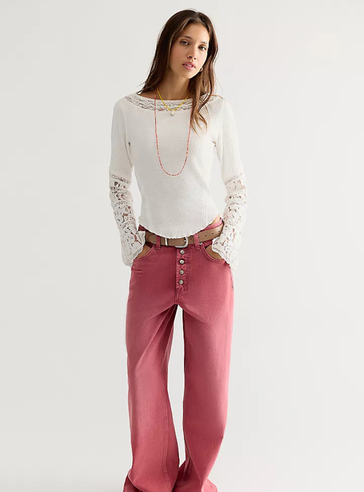 Amber Lace Cuff Long Sleeve Top - White Alyssum