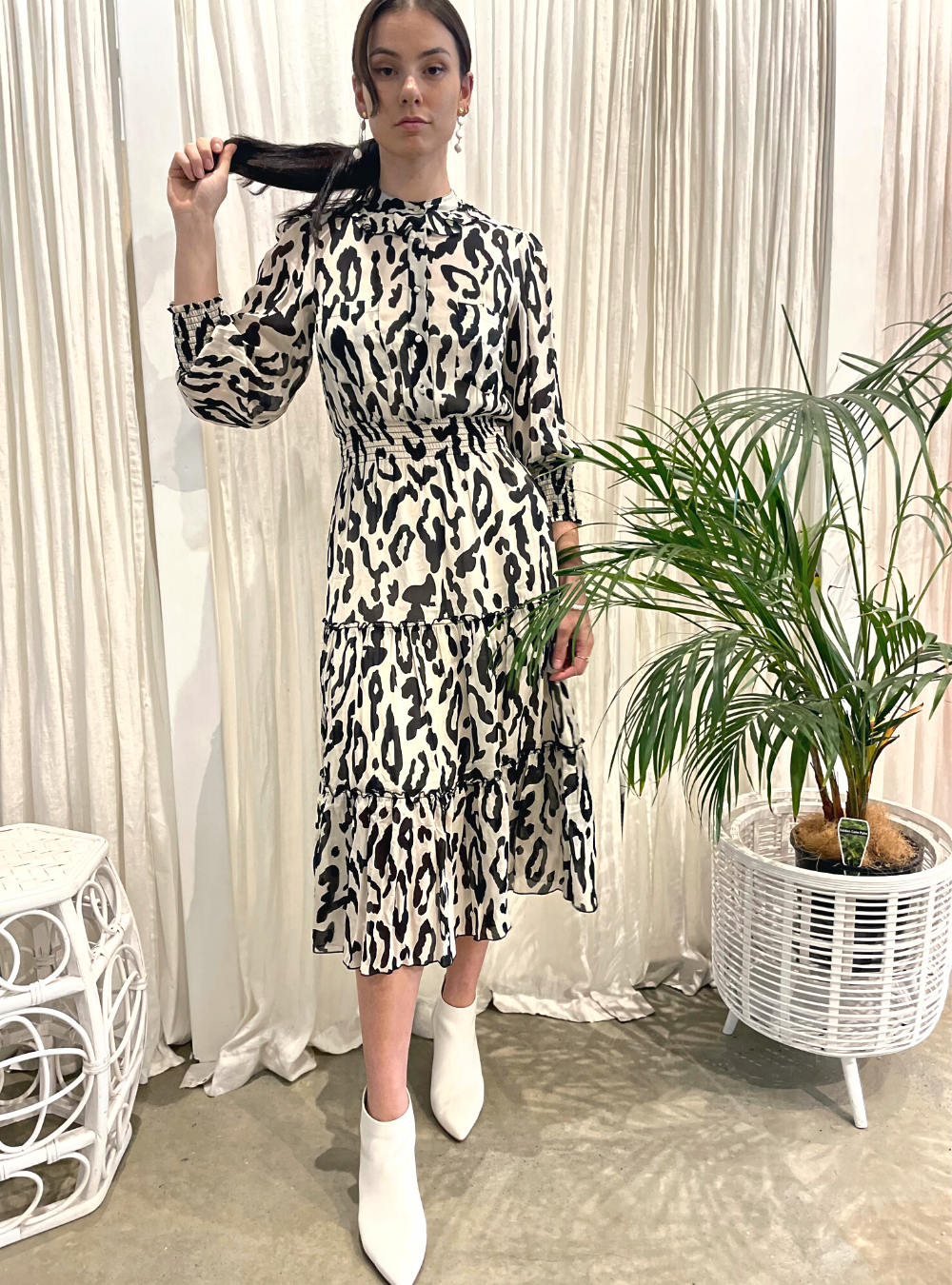Dreaming Frill Neck Tiered Midi Dress Cream Animal