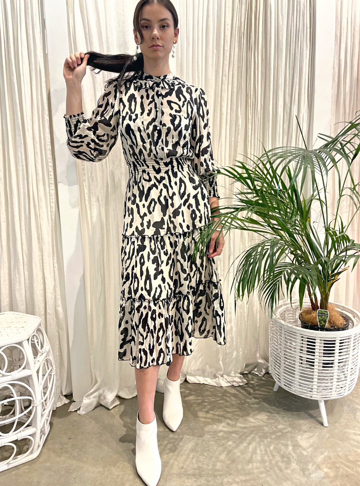 Dreaming Frill Neck Tiered Midi Dress Cream Animal