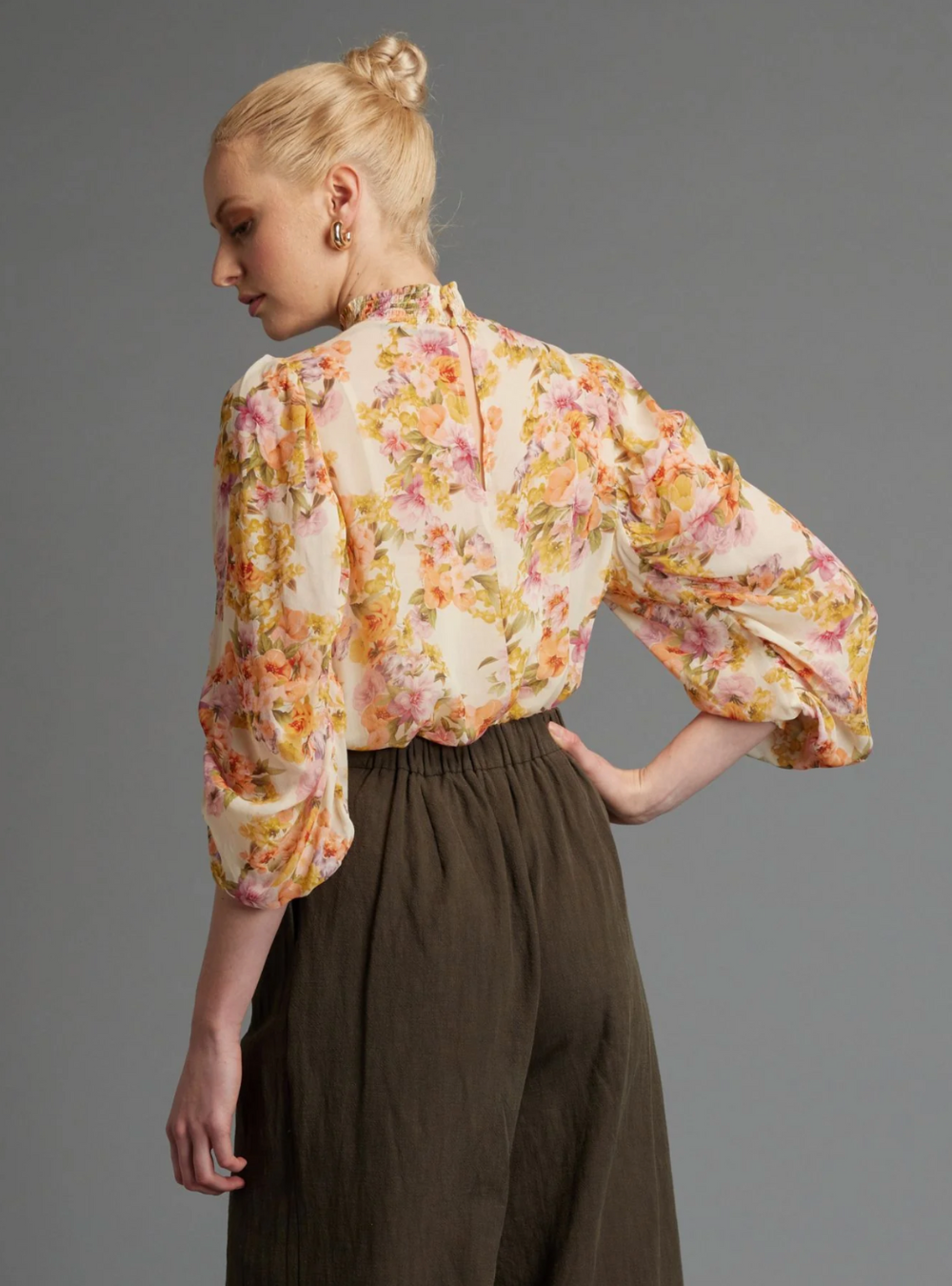 Last Dance Shirred High Neck Top Cream Floral