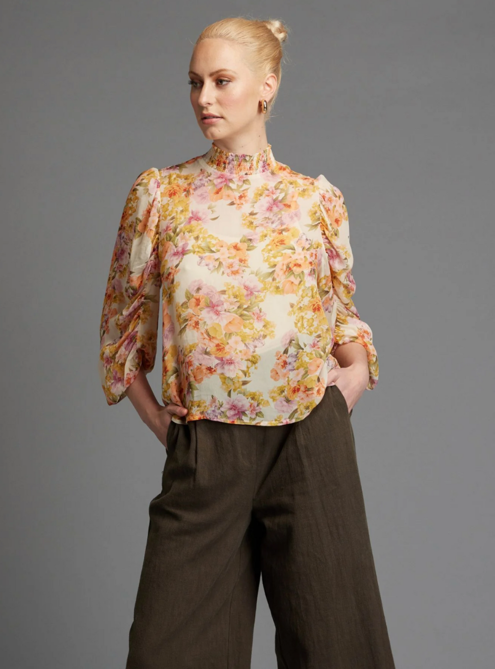 Last Dance Shirred High Neck Top Cream Floral