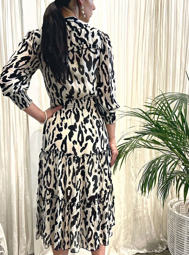 Dreaming Frill Neck Tiered Midi Dress Cream Animal
