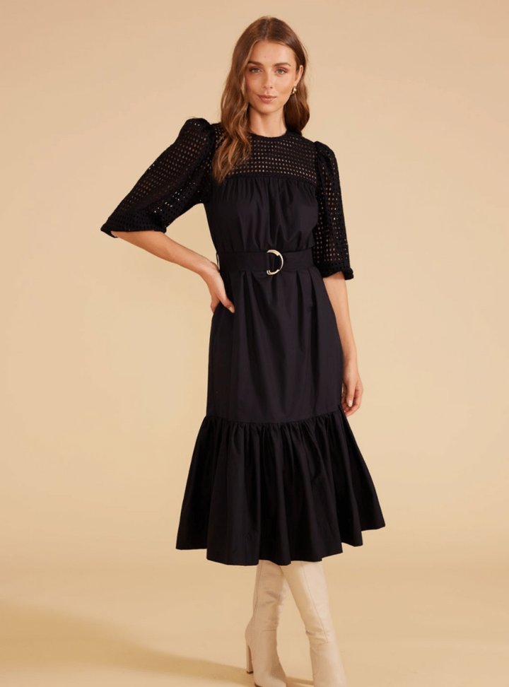 Lucia Belted Midi Dress - Black